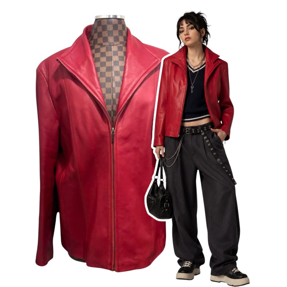 Nine West Red Leather Jacket Women's Size XL Coat Preppy Rocker Bikercore Grunge